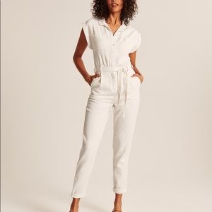 Abercrombie & Fitch Cream Utility Linen Blend Tie Waist Jumpsuit